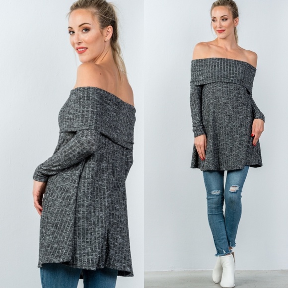 🖤Charcoal Off The Shoulder Ribbed Tunic Top - Picture 2 of 2